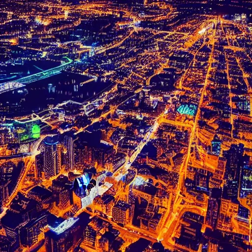 Image similar to an aerial view of a city at night, photo by lisa frank, instagram contest winner, maximalism, glowing lights, vivid colors, circuitry