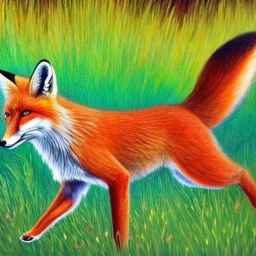 Prompt: highly detailed painting of a fox running through a colorful field, award winning