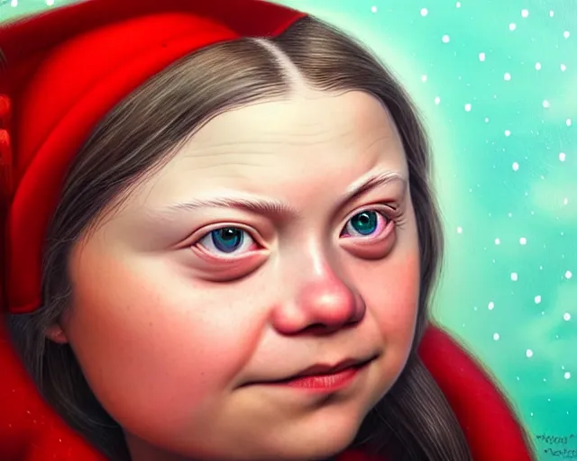 Prompt: closeup profile portrait of greta thunberg as an eskimo, nicoletta ceccoli, mark ryden, lostfish, max fleischer, hyper realistic, artstation, illustration, digital paint, matte paint, vivid colors, bright, cheerful, detailed and intricate christmas environment