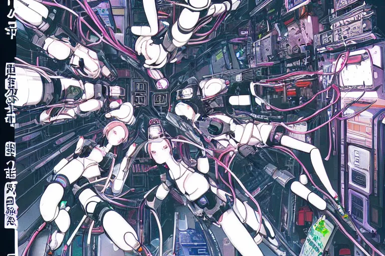 Image similar to cyberpunk anime illustration of a group of female android dolls lying in various poses over an spacious, empty white floor background with their bodies open showing wires and cables coming out, by katsuhiro otomo and masamune shirow, hyper-detailed, colorful, beautiful, bird view