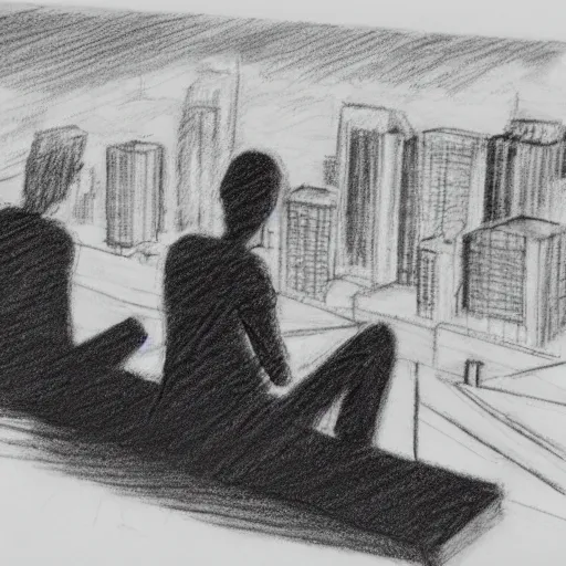 Image similar to a pencil sketch of 2 people sitting on the edge of a building looking away from the camera, tall rectangular buildings in the background, planes flying overhead