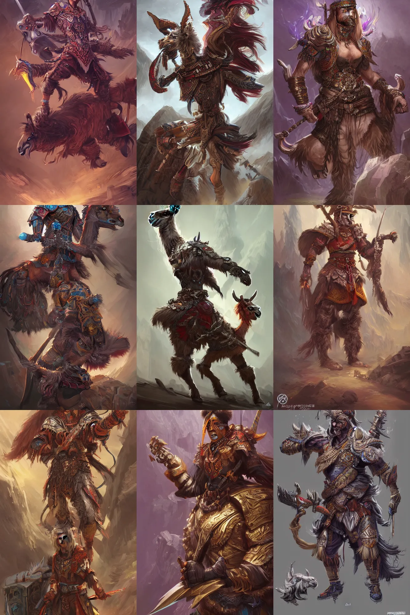 Prompt: Hyperdetailed masterpiece concept art of Llama warrior of the Incas hyperdetailed concept art by Ross Tran, high quality DnD illustration, trending on ArtStation, all rights reserved Wizards of the Coast.