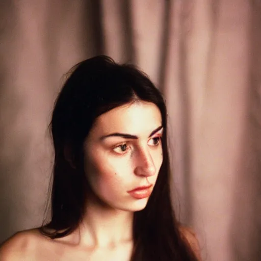 Image similar to 35mm film photo of an atractive cool alternative bosnian woman in her early 20s. beautiful face. She has dark brown hair, dark thick eyebrows, brown eyes and shoulder long hair.