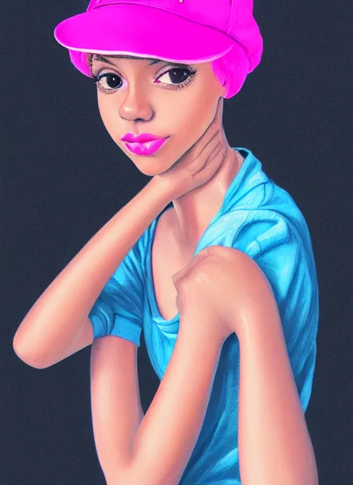 Image similar to portrait of teenage vanessa morgan with bright pink hair, black girl, curly pixie cut hair, wearing newsboy cap, pink short haircut, newsboy cap, hoop earrings, blue eyes, intricate, elegant, glowing lights, highly detailed, digital painting, artstation, concept art, smooth, sharp focus, illustration, art by wlop, mars ravelo and greg rutkowski