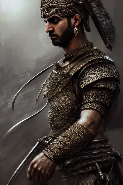 Image similar to portrait of a Persian Prince fighting at war, warrior, brutal battle, handsome prince, shaved face, attractive young man, heroic pose, persian style architecture, dramatic lighting, dark and horror, action and tragedy, dust and blood, intricate, wild, highly detailed, digital painting, artstation, concept art, smooth, sharp focus, illustration, art by artgerm and greg rutkowski and alphonse mucha, footage from space camera