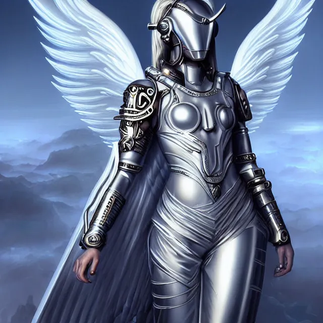 Image similar to beautiful!! futuristic cyberpunk angel warrior with ornate slick pearl armor and robes artgerm anne stokes highly detailed 8 k hdr smooth sharp focus high resolution award - winning photo photorealistic