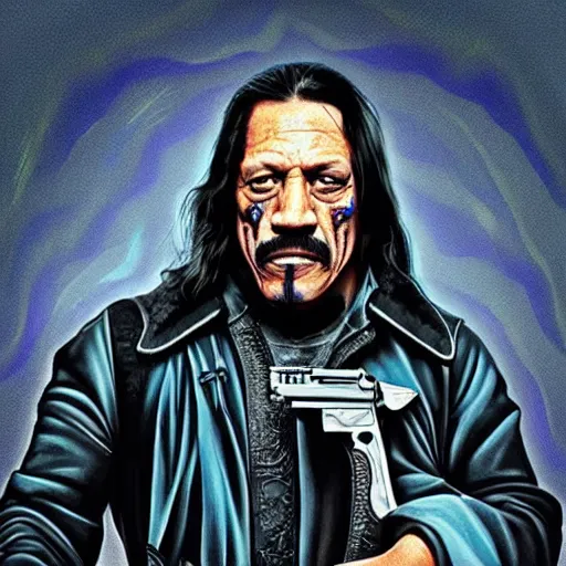 Prompt: danny trejo in a cyberpunk landscape wielding a machete and a revolver, concept art