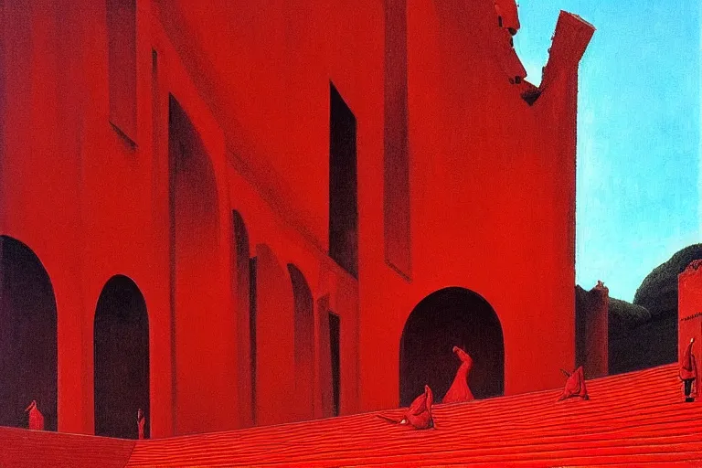 Image similar to only with red, a red melted emperor in an authoritarian position, taormina amphitheatre, crowd hails him, in the style of beksinski, parts by edward hopper, parts by rodcenko, parts by yue minjun, intricate and epic composition, red by caravaggio, insanely quality, highly detailed, masterpiece, red light, artstation, 4 k