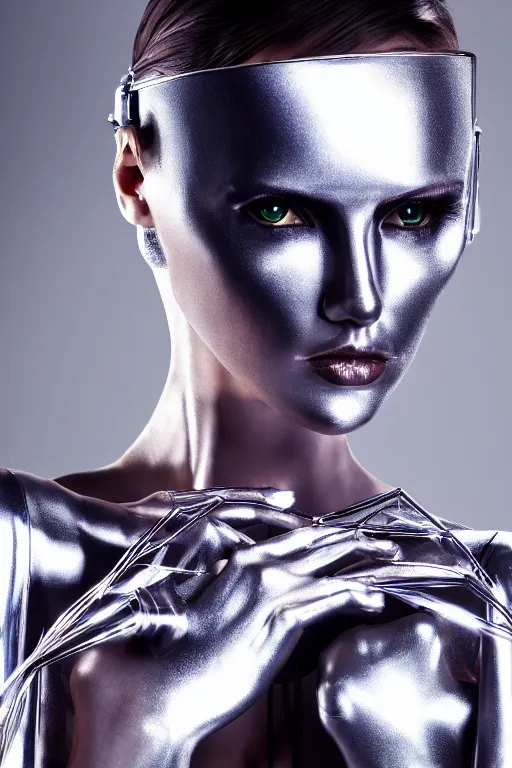 Prompt: beautifull cyberpunk woman model, wearing crystal armor, cables, luxury materials, symmetrical, cinematic, elegant, professional studio light, real dlsr photography, sharp focus, 4 k, ultra hd, sense of awe, high fashion