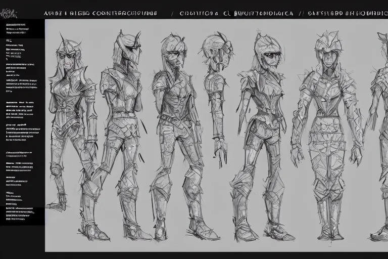 Prompt: original character concept breakdown sheet, schematic showing character in different parts, with different shading and equipment, character art.