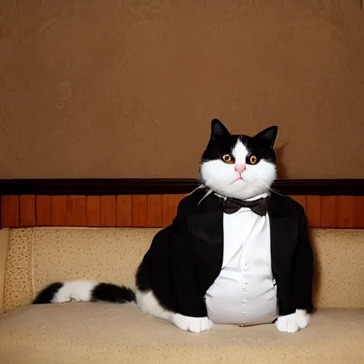 Prompt: a very fat and judgmental cat wearing a full tuxedo, smoking a cigar, sitting in a dimly lit parlor lounge, photograph!