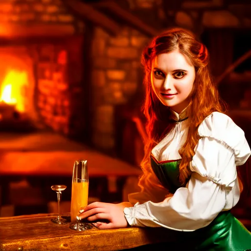 Image similar to young attractive beautiful bar maid in a medieval tavern at night sitting next to a lit fireplace, 4 k detail fantasy, photo realistic, cinematic, filmic, studio lighting