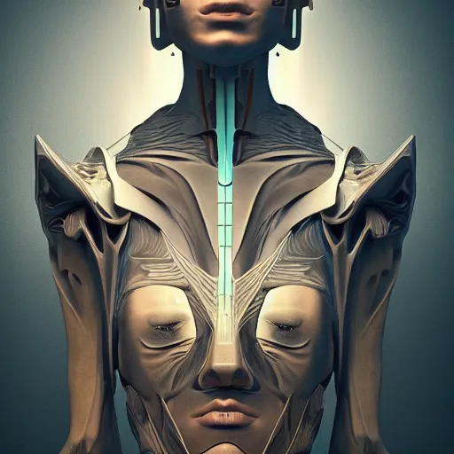 Image similar to symmetry, headpiece, portrait of an extraterrestrial creature, renaissance style, star wars character, mechanical parts, volumetric lights, sci - fi, blade runner, trending on artstation, sharp focus, studio photo, intricate details, highly detailed