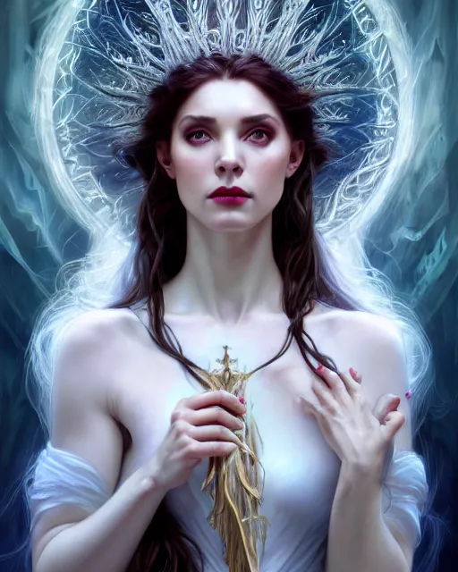 Image similar to realistic wide angle portrait of a beautiful white witch, standing, crafting spells, bright witch, beautiful face, fantasy, chaos, magic, dark magic, dramatic lighting, intricate, wild, highly detailed, digital painting, artstation, concept art, smooth, sharp focus, illustration, art by artgerm and greg rutkowski and alphonse mucha, footage from space camera