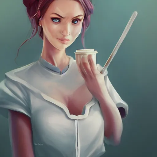 Prompt: epic portrait an beautiful waitress in a white uniform and short sleeves carriyng coffee, front facing symmetrical centered painted portrait, just one head, Elisha Cuthbert as a D&D Paladin, RPG character avatar, Blizzard concept art, pixar, dreamworks, global illumination lighting, trending on artstation, by lois van baarle, ilya kuvshinov, rossdraws