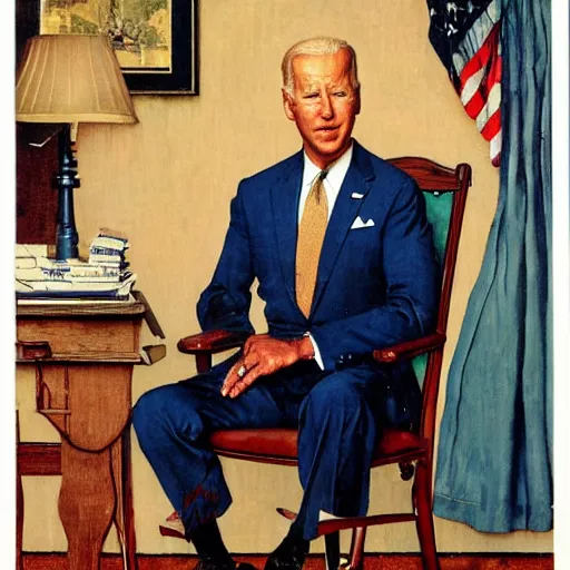 Prompt: Norman Rockwell portrait of Joe Biden. He's sitting on a chair, cozy fire