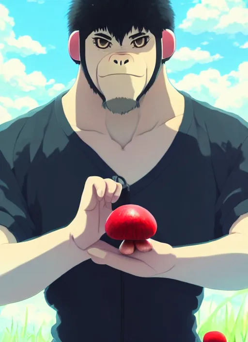 Image similar to portrait of gorilla holding a small red mushroom, sunny sky background, lush landscape, illustration concept art anime key visual trending pixiv fanbox by wlop and greg rutkowski and makoto shinkai and studio ghibli and kyoto animation, symmetrical facial features, black shirt, red headphones, backlit