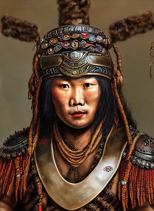 Prompt: tai warlord closeup portrait, historical, ethnic group, traditional tai costume, bronze headset, leather armor, fantasy, intricate with big agate beads and dong son bronze artifacts cross onbare chest, elegant, loin cloth, highly detailed oil painting