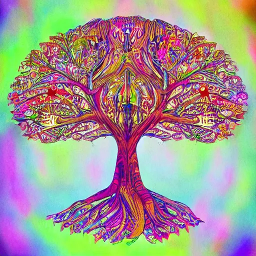 Image similar to the tree of knowledge, the tree of life, amazing art, organic complexity, digital art, incredible details, intrincate details, polygons, smooth network, colorful