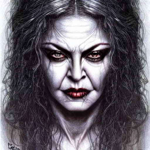 Image similar to head and shoulders portrait of an evil, black - skinned night hag portrayed by madonna, d & d, fantasy, luis royo, magali villeneuve, donato giancola, wlop, krenz cushart