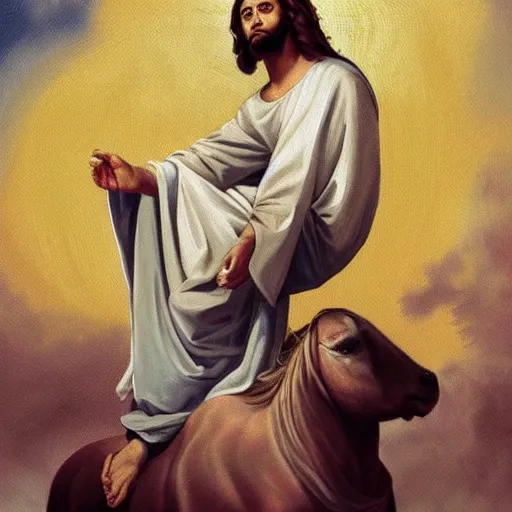 Prompt: a painting of jesus christ riding a kinton cloud, hyper realistic content, frontal hyperdetailed realistic content, remove duplicate content