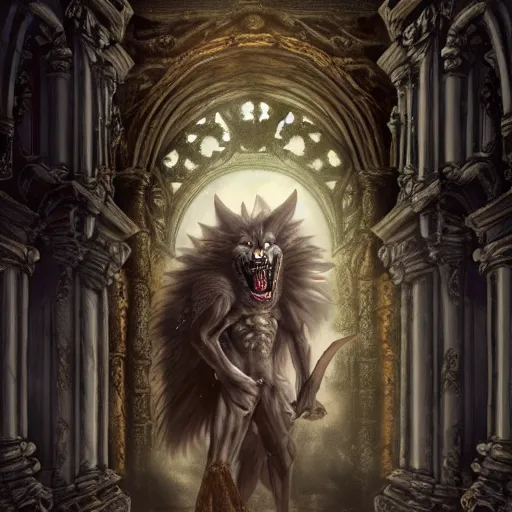 Image similar to A epic and beautiful rococo painting of a werewolf cursed inside a cathedral. Castlevania style. ultra-detailed. Anime, pixiv, UHD 8K CryEngine, octane render