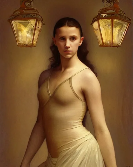 Image similar to a well - lit portrait painting of a shy, blushing 1 6 - year old alicia vikander or millie bobby brown in a leotard with lanterns at night, intricate, elegant, highly detailed, artstation, concept art, by krenz cushart and donato giancola and william adolph bouguereau and alphonse mucha