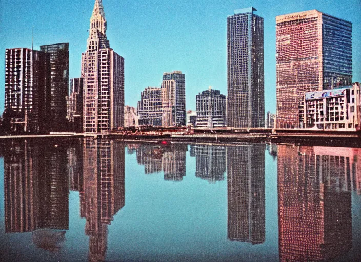 Prompt: retro color photo of a city skyline in the 8 0's. reflections in the water