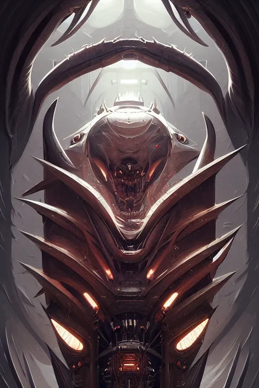 Image similar to professional concept art symmetrical portrait of a horrendous mechanical predatory species in a dark room by artgerm and greg rutkowski. an intricate, elegant, highly detailed digital painting, concept art, smooth, sharp focus, illustration, in the style of cam sykes.