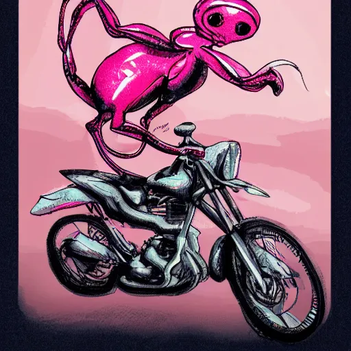 Image similar to humanoid pink female Squid creatures riding a motorcycle fast