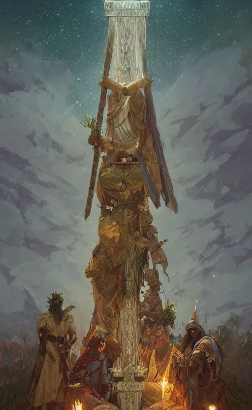 Prompt: druids raising a pyramid ancient ritual under the stars, fantasy fiction, highly detailed, digital painting, artstation, concept art, illustration, art by Greg Rutkowski and alphonse mucha