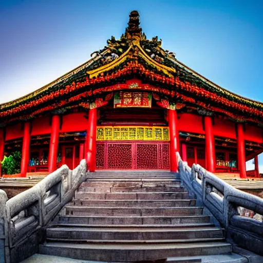 Prompt: a beautiful wide angle HDR photograph of a Chinese temple in mountain valley at sunset