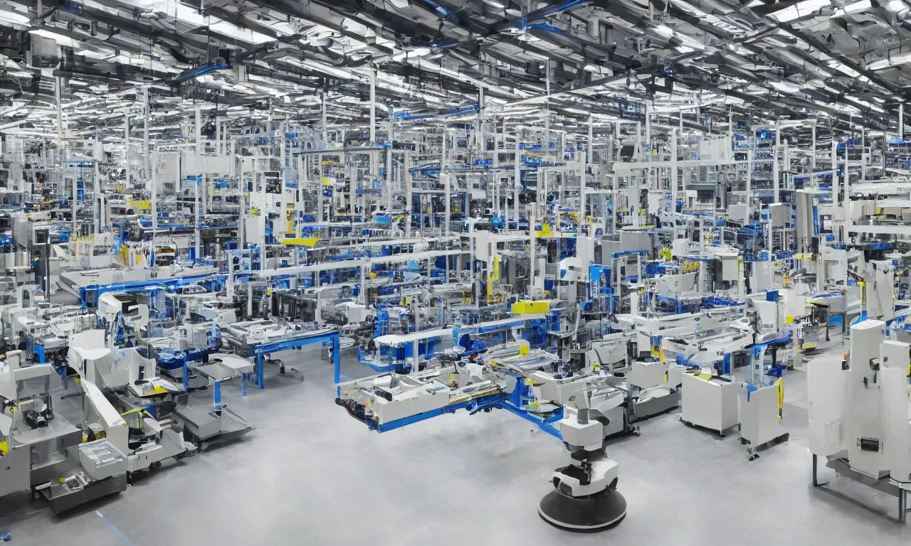 Prompt: modern automated production line with big robotic arms, one row, white, bright, technology, straight on, straight camera view