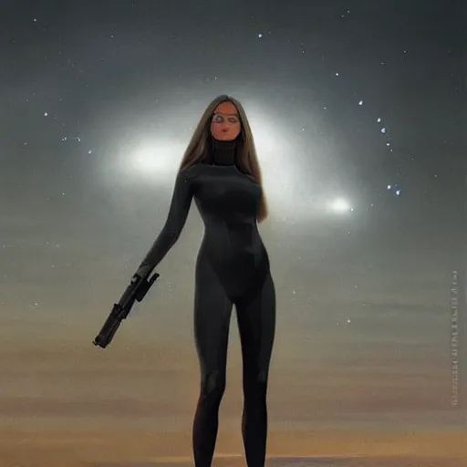 Image similar to pleiadian woman with big eyes and long silver hair wearing a dark body suit and holding a plasma gun standing in barren fields, art by greg rutkowski