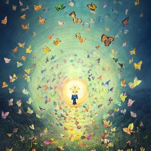 Prompt: man surrounded by butterflies, celestial light, divine, by the artist Donglu Yu