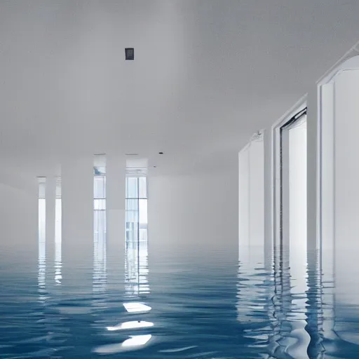Image similar to interior of a flooded building, all white, minimalistic architecture, rounded ceiling, arched doorway, dim lights, liminal space, blue water, minimalistic,