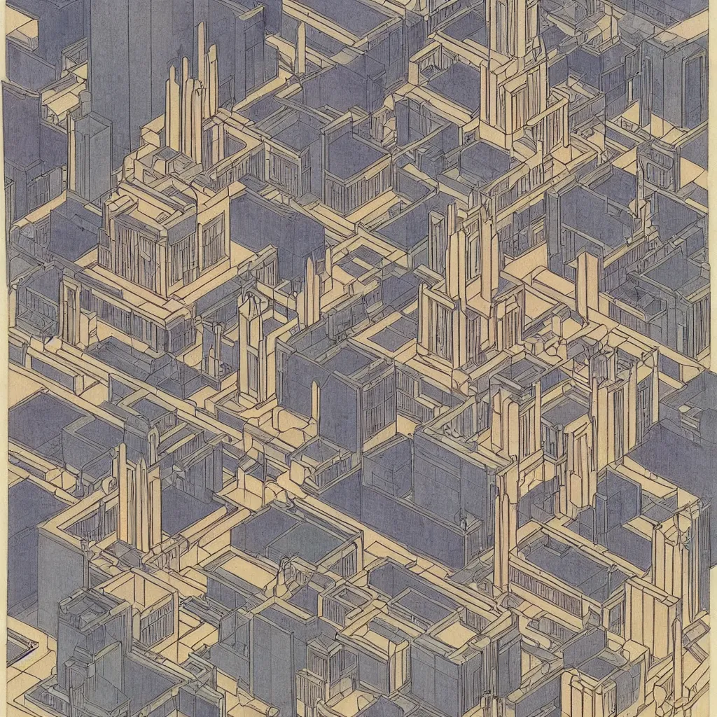 Image similar to isometric artdeco tokyo cathedral by frank lloyd wright, isometric, painted by piet mondrian