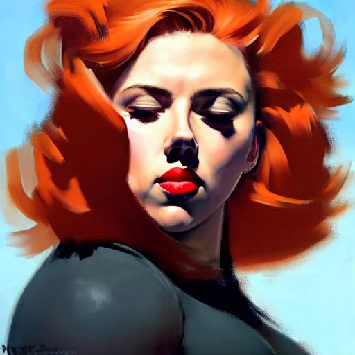 Image similar to greg manchess portrait of scarlett johansson as thick very muscular weightlifter with red hair and black lips, eyes closed, medium shot, asymmetrical, profile picture, organic painting, sunny day, matte painting, bold shapes, hard edges, street art, trending on artstation, by huang guangjian and gil elvgren and sachin teng