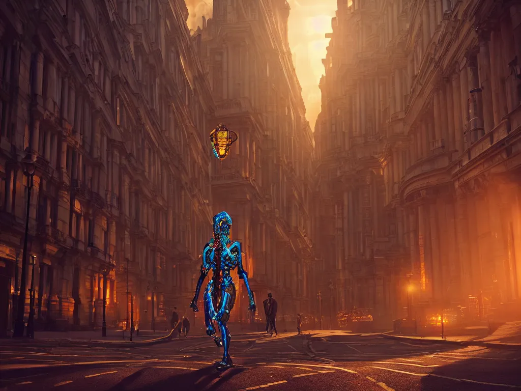 Image similar to an ancient beautiful cyborg of the elder gods in the city of London, London streets in background, colourful, dramatic lighting, golden hour, very detailed octane render very realistic beautiful