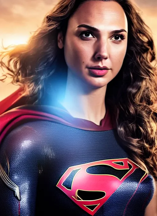 Prompt: a potrait of Gal Gadot as Supergirl suit with man of steel suit style with no cape on it and full armour by Zack Snyder, 8k photorealistic, cinematic lighting, HD, high details, dramatic, trending on artstation, view from above