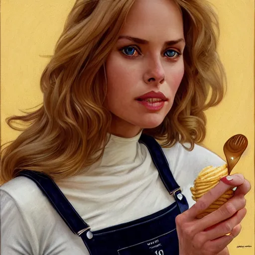 Image similar to portrait of a blonde fuller figured barbara bach from the bond film wearing dungarees and eating ice creams in porto, real life skin, intricate, elegant, highly detailed, artstation, concept art, smooth, sharp focus, art by artgerm and greg rutkowski and alphonse mucha