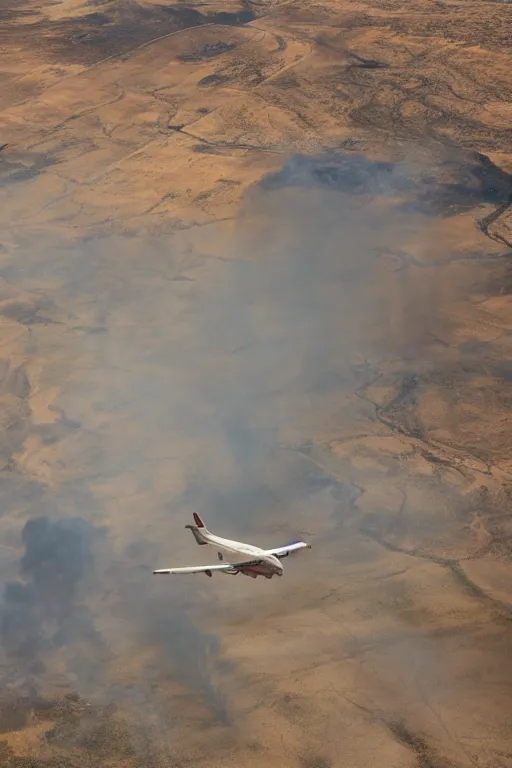 Prompt: airplane window view, flying above a drying landscape and huge fire