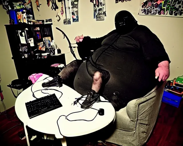 Prompt: dirty room, depression scene, very fat man in a gamer chair. goth chick gf