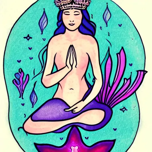 Image similar to a peaceful meditative mermaid wearing a crown, full body, highly detailed new school pinup tattoo design