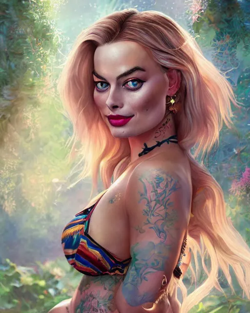Prompt: Margot robbie as a beautiful tattooed female maid wearing a magical bikini in a magical forest, detailed face, piercing gaze, fantasy art, in the style of artgerm, illustration, epic, fantasy, intricate, hyper detailed, artstation, concept art, smooth, sharp focus, ray tracing, vibrant