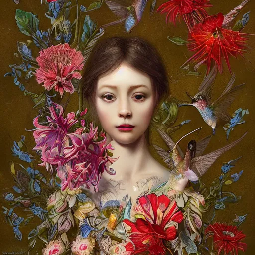 Image similar to hummingbird, background covered with fine floral ornaments, eye - level medium - angle shot, intricate, floral background, by esao andrews, by m. w. kaluta, by yoshita amano, romantic, intricate, natural lighting, smooth, fine art, 3 d octane render, depth perception, 4 k,, artstation