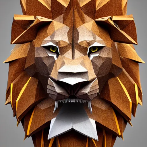 Image similar to origami lion made of wood, symmetrical, photorealistic, octane render, intricate, highly detailed