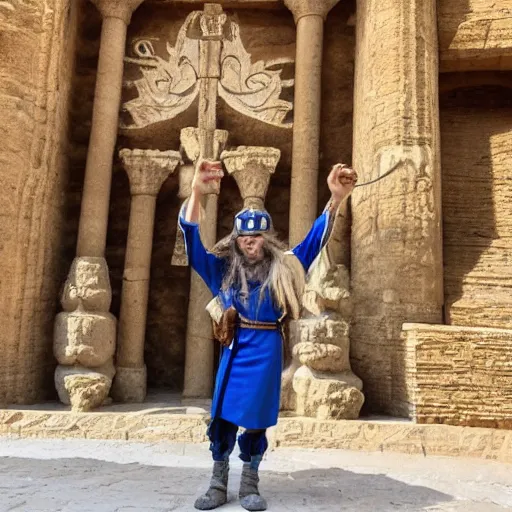 Image similar to a clash royale goblin with blonde long hair visiting Valle dei Templi, Agrigento, Italy