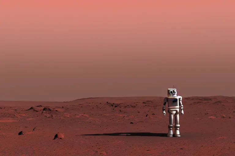Prompt: a relaxed robot standing on mars looking at a mars base, blender render, 8 k, red lighting, misty, smog,