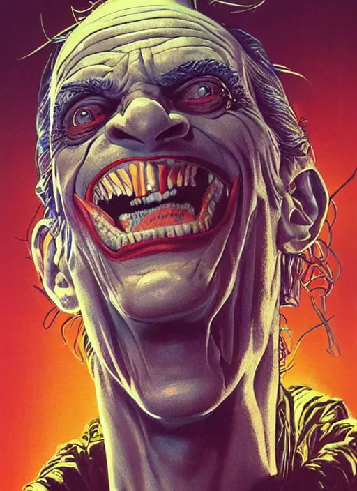 Image similar to christopher lloyd as the joker, big smile, grotesque, horror, high details, intricate details, by vincent di fate, artgerm julie bell beeple, 1 9 8 0 s, inking, vintage 8 0 s print, screen print